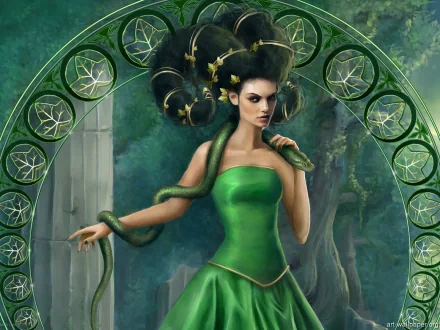 A fantasy-themed HD PC desktop wallpaper featuring a woman in a flowing green dress with intricate hair and a snake draped over her shoulder, set against a mystical backdrop.