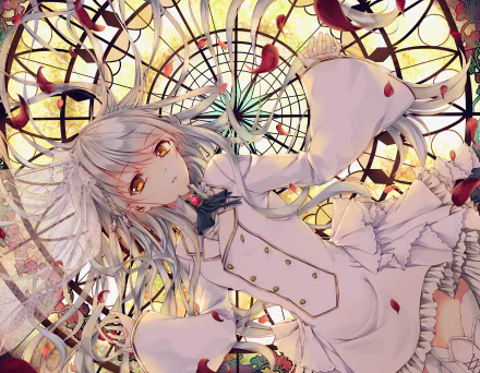 Anime-style original character with long white hair and striking yellow eyes, surrounded by falling petals and intricate stained glass patterns in an HD desktop wallpaper.