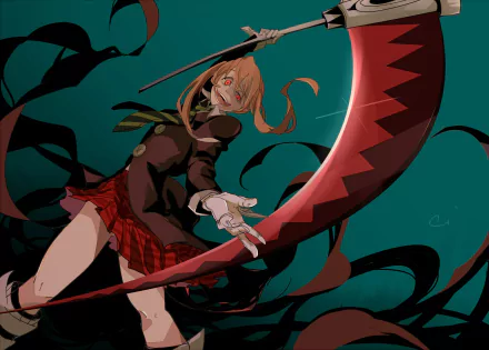 HD anime desktop wallpaper featuring Maka Albarn from Soul Eater, wielding her scythe against a dark, swirling background.