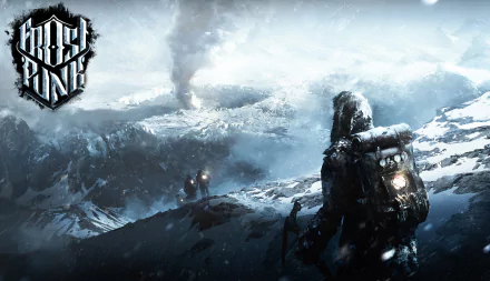 HD Frostpunk desktop wallpaper showing a snowy landscape with a figure and industrial smoke in the distance.