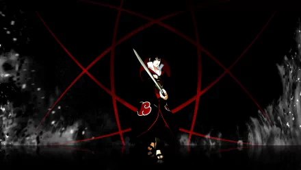 HD PC desktop wallpaper featuring Sasuke Uchiha from the anime Naruto, standing with a sword against a dark background highlighted by red circular lines.