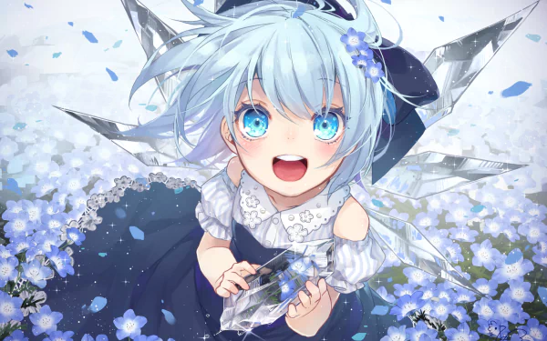 A vibrant HD wallpaper featuring Cirno from Touhou, showcasing her joyful expression amidst a field of blue flowers, surrounded by sparkling ice fragments.