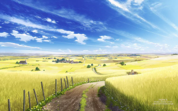 HD PC desktop wallpaper from the anime Maquia: When the Promised Flower Blooms, featuring a bright, expansive countryside with a winding dirt path under a blue sky.