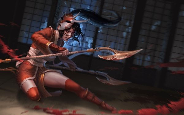 Video Game League Of Legends Akali Woman Warrior Oriental Black Hair Mask Weapon Red Eyes HD Wallpaper | Background Image