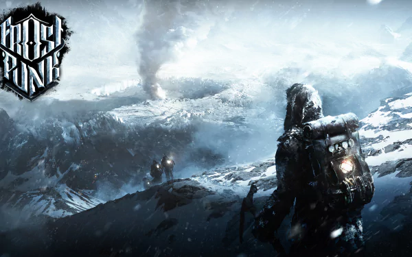 HD Frostpunk desktop wallpaper showing a snowy landscape with a figure and industrial smoke in the distance.