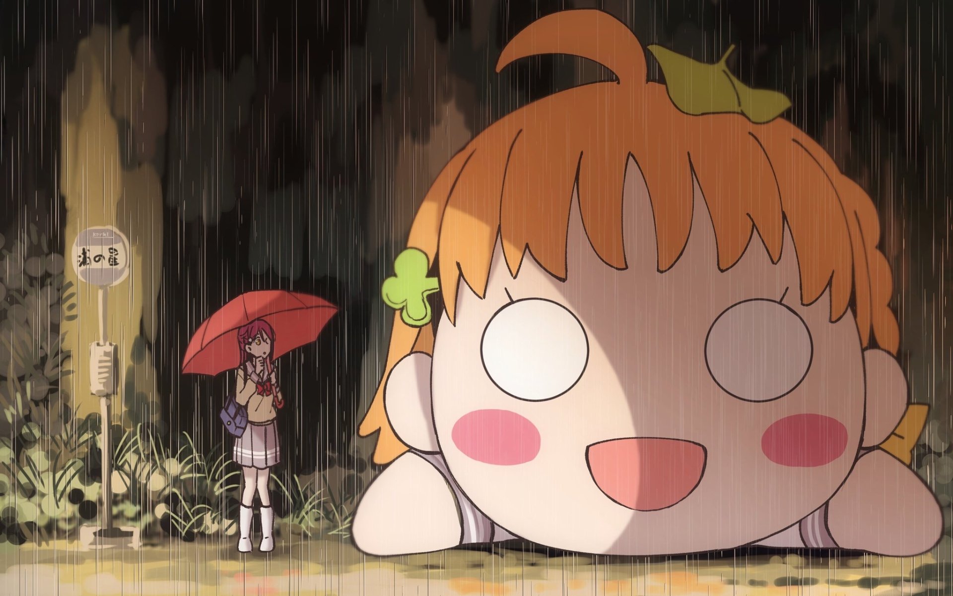 HD PC wallpaper of Love Live! Sunshine!!: chibi Chika Takami sprawled in the rain with a leaf on her head, while Riko Sakurauchi waits under an umbrella at a bus stop.