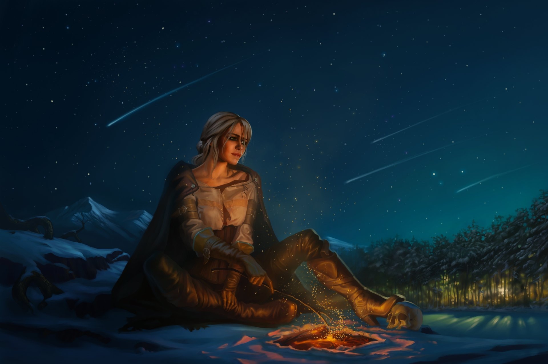 Ciri from The Witcher 3 with white hair and green eyes sits by a campfire under a night sky with a shooting star, a skull nearby in this 4K Ultra HD video game wallpaper.