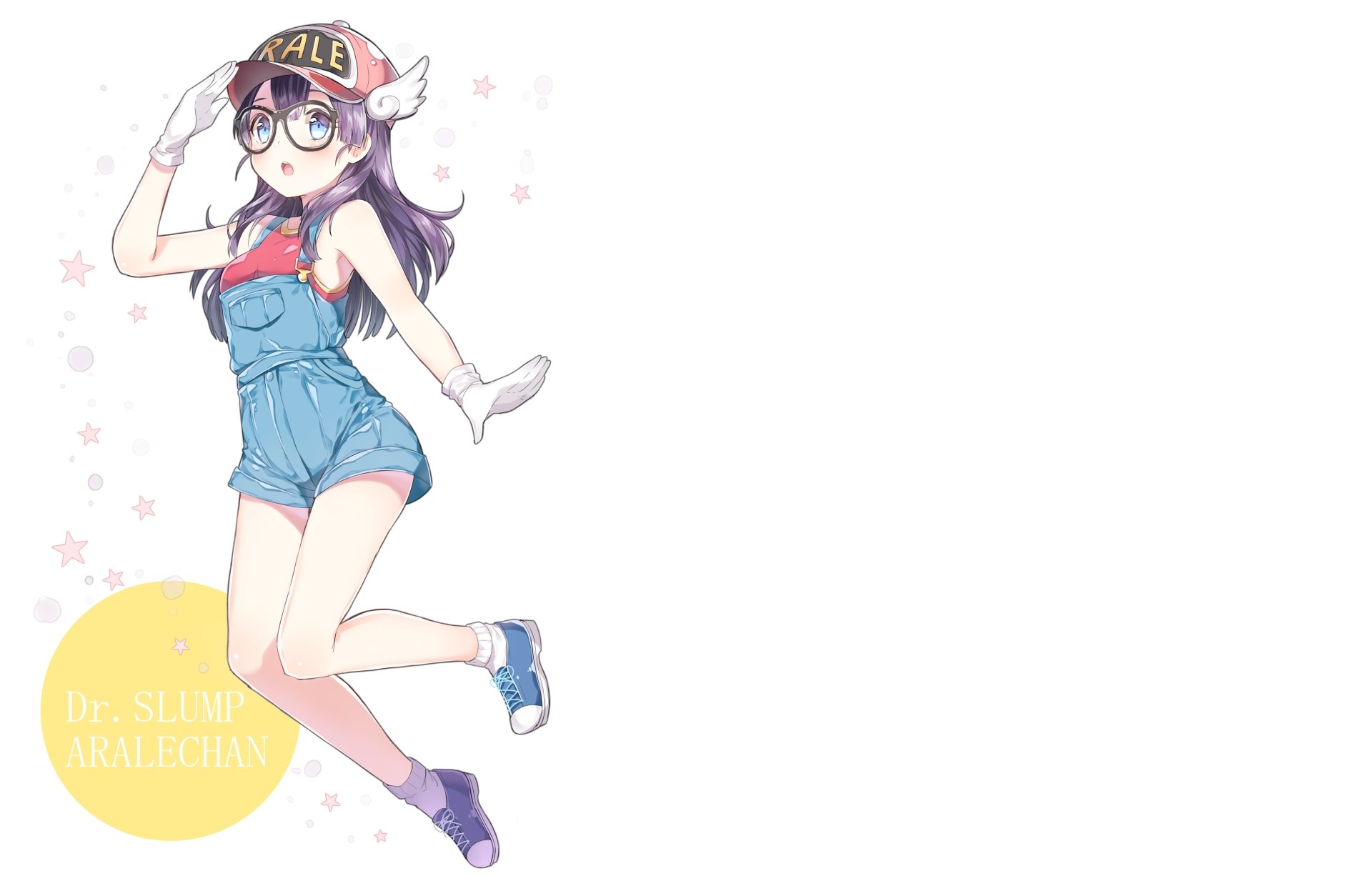 Arale Norimaki from Dr. Slump in a playful jump, wearing her cap, round glasses, blue romper and gloves — clean white 5K Ultra HD PC desktop wallpaper/background.