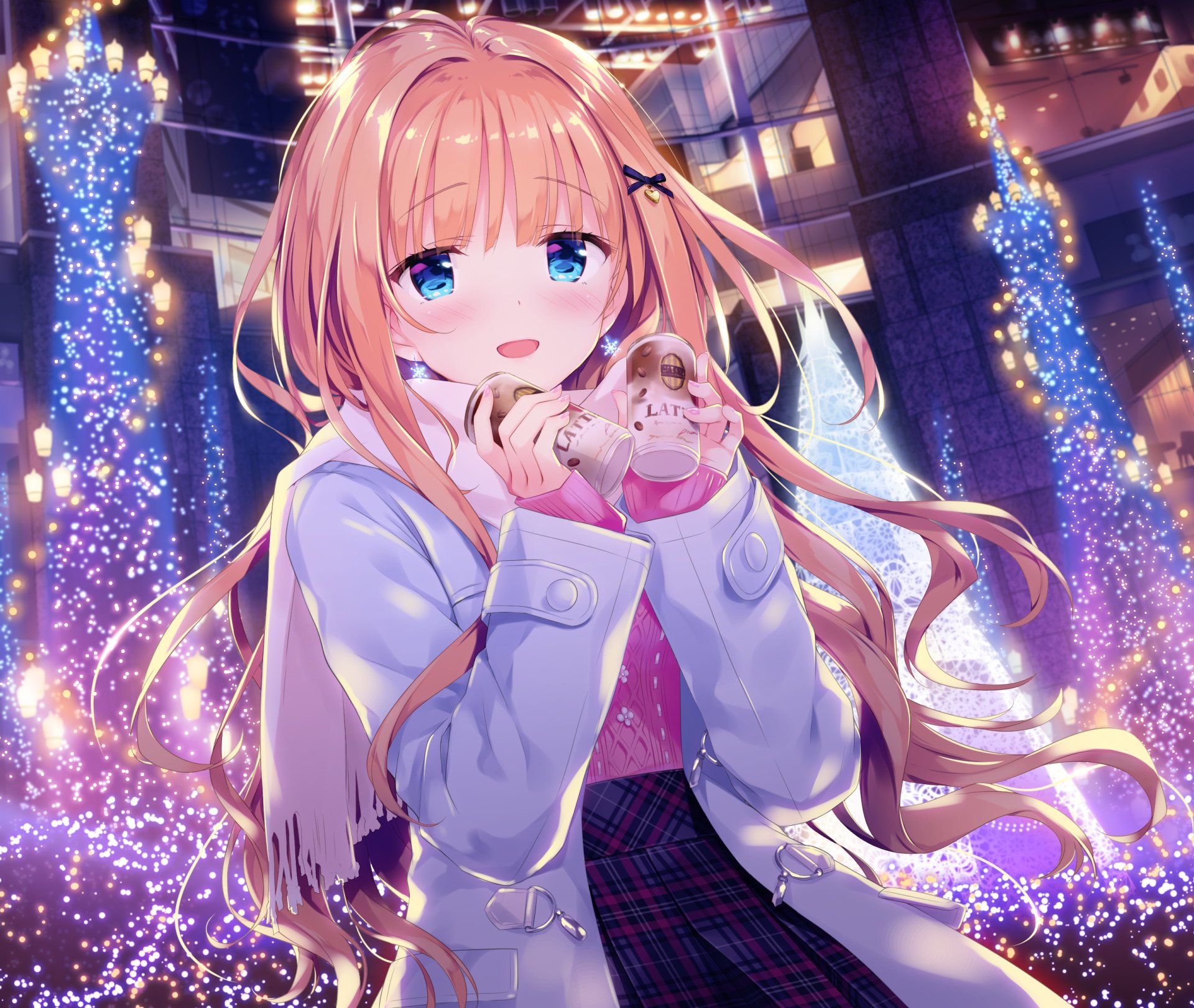 Anime original HD PC wallpaper: smiling blonde with long hair, blue eyes and blush, wearing coat and scarf, holding a coffee can amid twinkling lights.