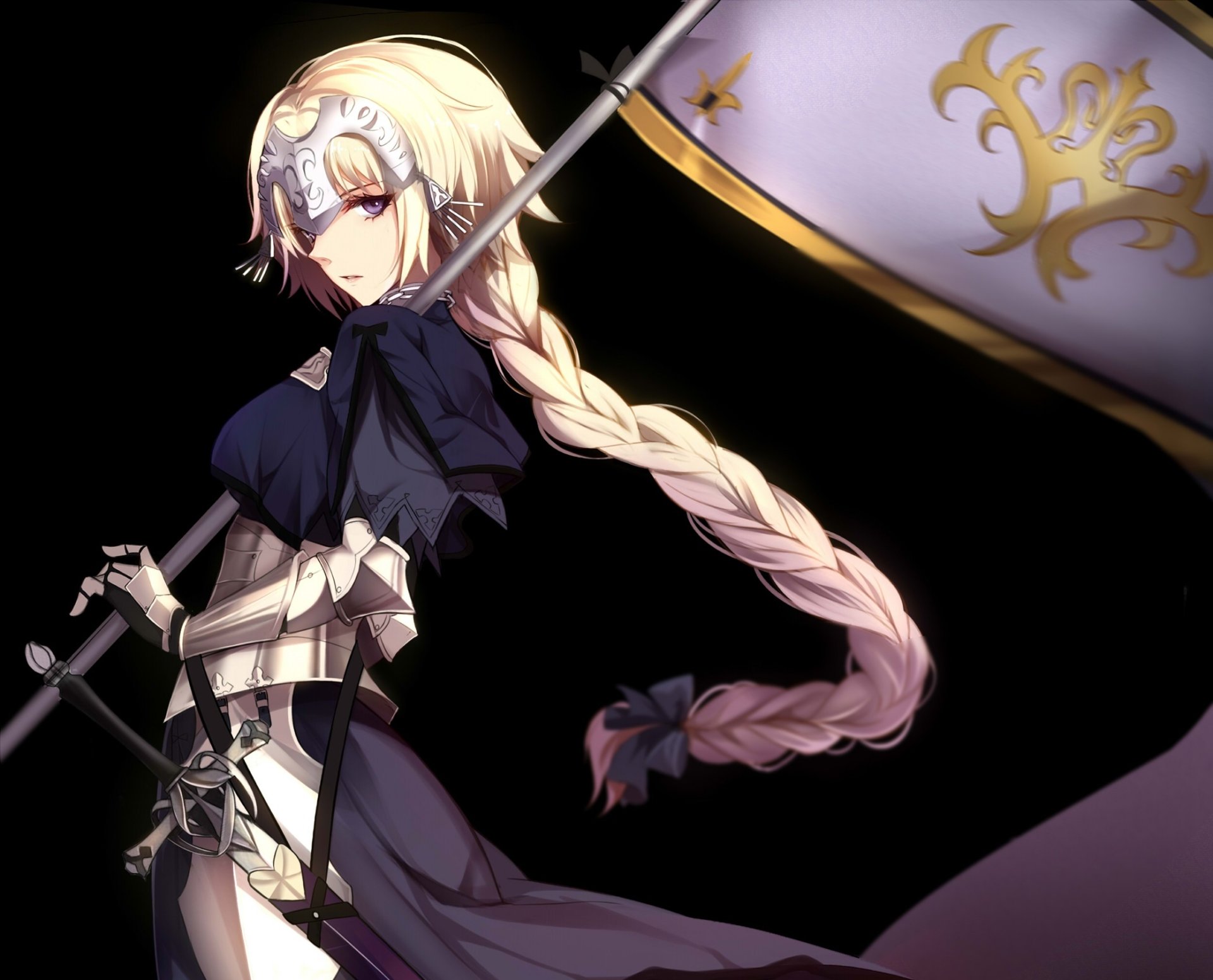 HD PC desktop wallpaper featuring Ruler Jeanne d'Arc from Fate/Grand Order, showcasing her detailed armor, flowing blonde braid, and iconic flag against a dark background.