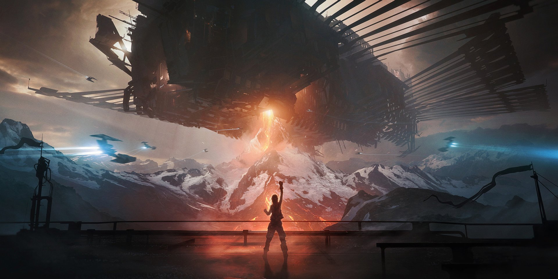 Sci-fi landscape HD PC desktop wallpaper and background: lone figure raises hand as a colossal hovering ship emits light above snowy mountains.