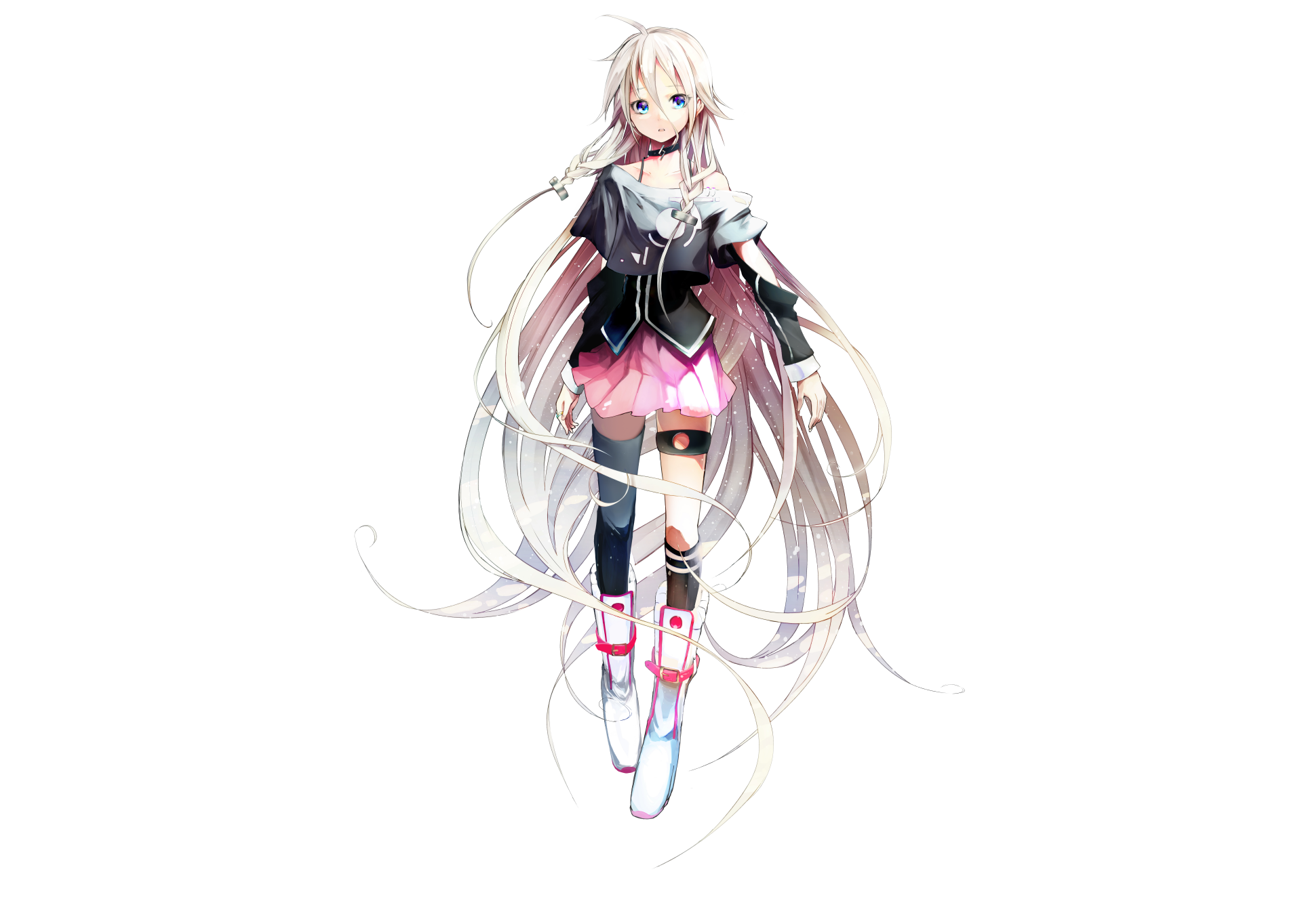 IA (Vocaloid) anime illustration: Vocaloid IA with long white hair and pink-black outfit — 8K Ultra HD PC desktop wallpaper/background on a clean white backdrop.