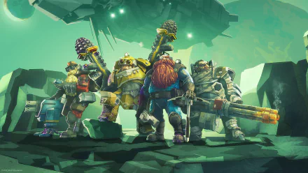 HD wallpaper featuring characters from Deep Rock Galactic game standing ready for action in a cavernous setting.