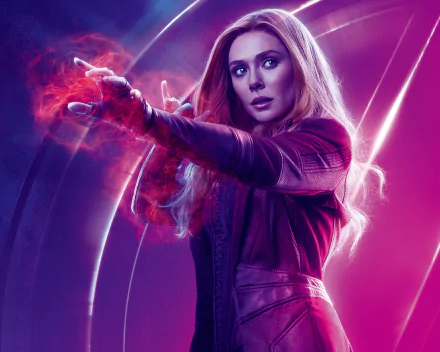 HD desktop wallpaper featuring Elizabeth Olsen as Scarlet Witch from Avengers: Infinity War, with vibrant colors and a dynamic pose highlighting her character's iconic powers.