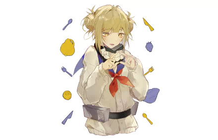 HD PC desktop wallpaper featuring Himiko Toga from My Hero Academia, depicted in an anime style with scattered colorful utensils around her.