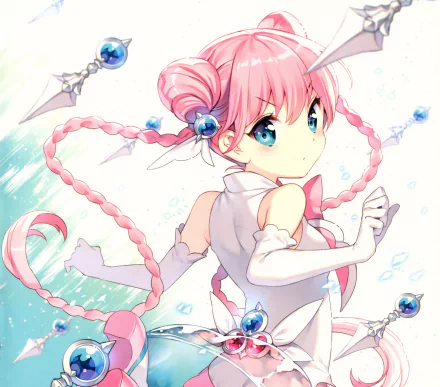 Anime-style character with long pink hair in twintails and braids, blue eyes, wearing white gloves and a bow, set against a vibrant background in 4K Ultra HD quality.