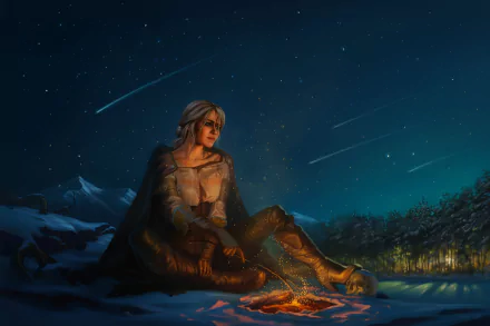 Ciri from The Witcher 3 with white hair and green eyes sits by a campfire under a night sky with a shooting star, a skull nearby in this 4K Ultra HD video game wallpaper.