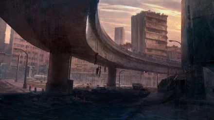 HD desktop wallpaper depicting a post-apocalyptic sci-fi cityscape, featuring dilapidated buildings and an overpass under a moody sunset sky.
