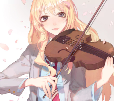 HD PC desktop wallpaper of Kaori Miyazono from the anime Your Lie in April, smiling while playing a violin as pink petals drift around her.