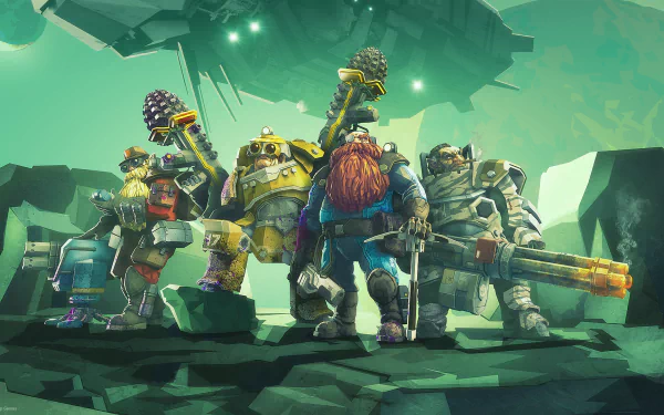 HD wallpaper featuring characters from Deep Rock Galactic game standing ready for action in a cavernous setting.
