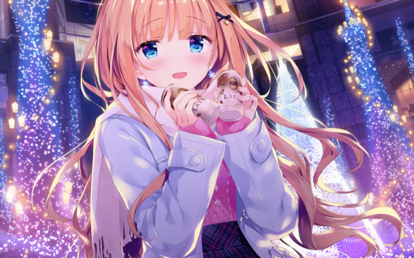 Anime original HD PC wallpaper: smiling blonde with long hair, blue eyes and blush, wearing coat and scarf, holding a coffee can amid twinkling lights.
