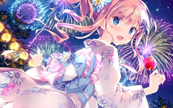 Anime Girl Kimono Long Hair Ponytail Flower Fireworks Blue Eyes Smile Blush Apple Fish Pink Hair HD Wallpaper | Background Image
