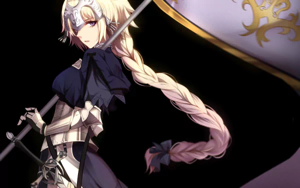 HD PC desktop wallpaper featuring Ruler Jeanne d'Arc from Fate/Grand Order, showcasing her detailed armor, flowing blonde braid, and iconic flag against a dark background.