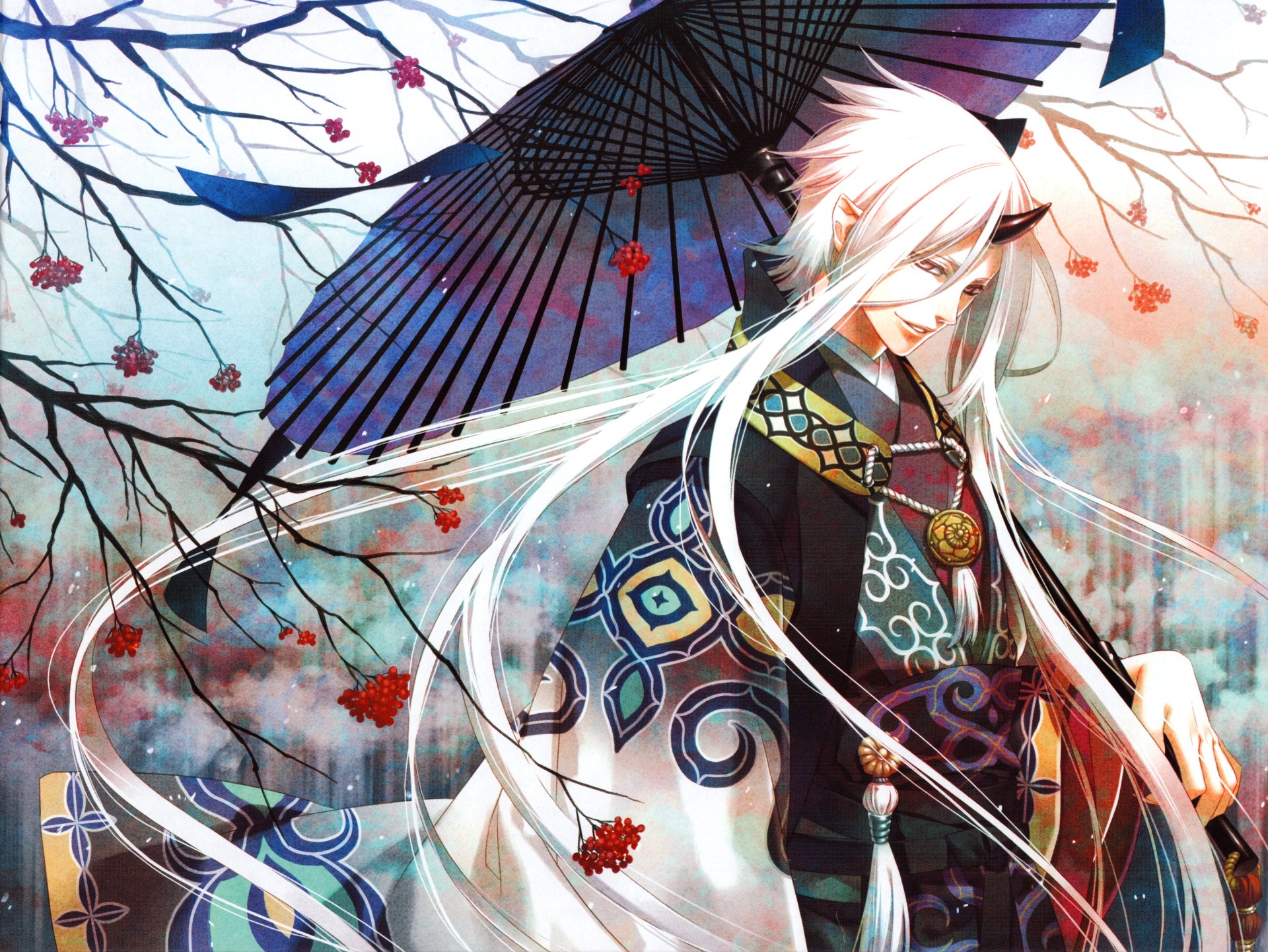 A striking HD Anime wallpaper featuring a smiling character with red eyes, white long hair, pointed ears, and horns, dressed in a kimono, holding a parasol amidst a backdrop of tree branches and falling leaves.