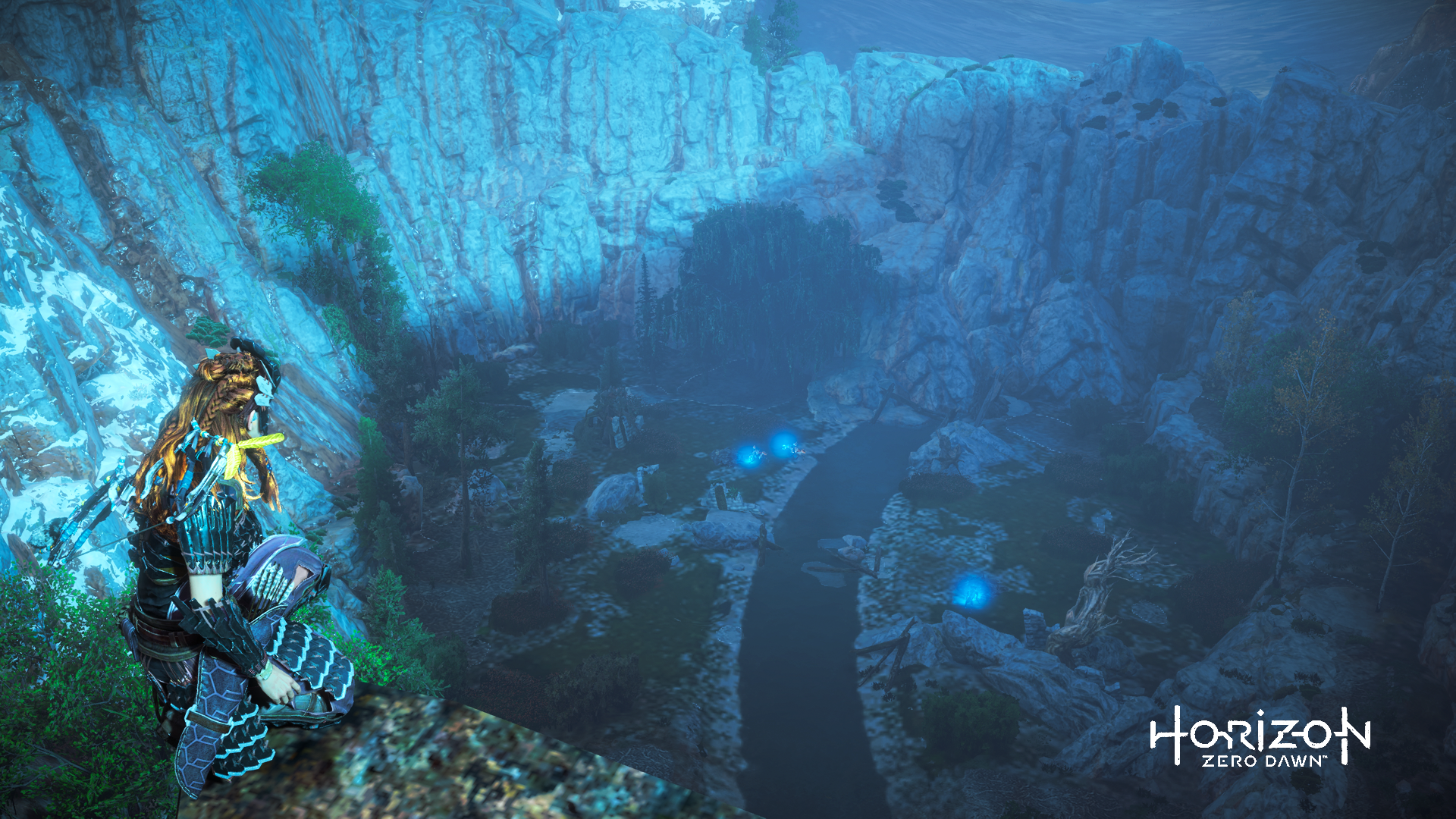 Aloy (Horizon Zero Dawn) stands on a cliff overlooking a glowing canyon and river at dusk — HD PC desktop wallpaper/background.