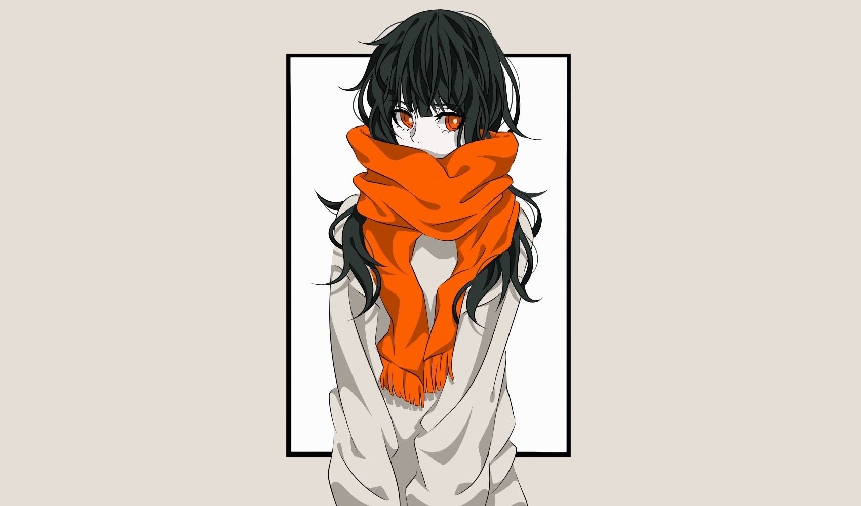 HD PC desktop wallpaper — anime original of a long black‑haired character with vivid orange eyes, wrapped in a chunky orange scarf and oversized sweater against a pale framed background.