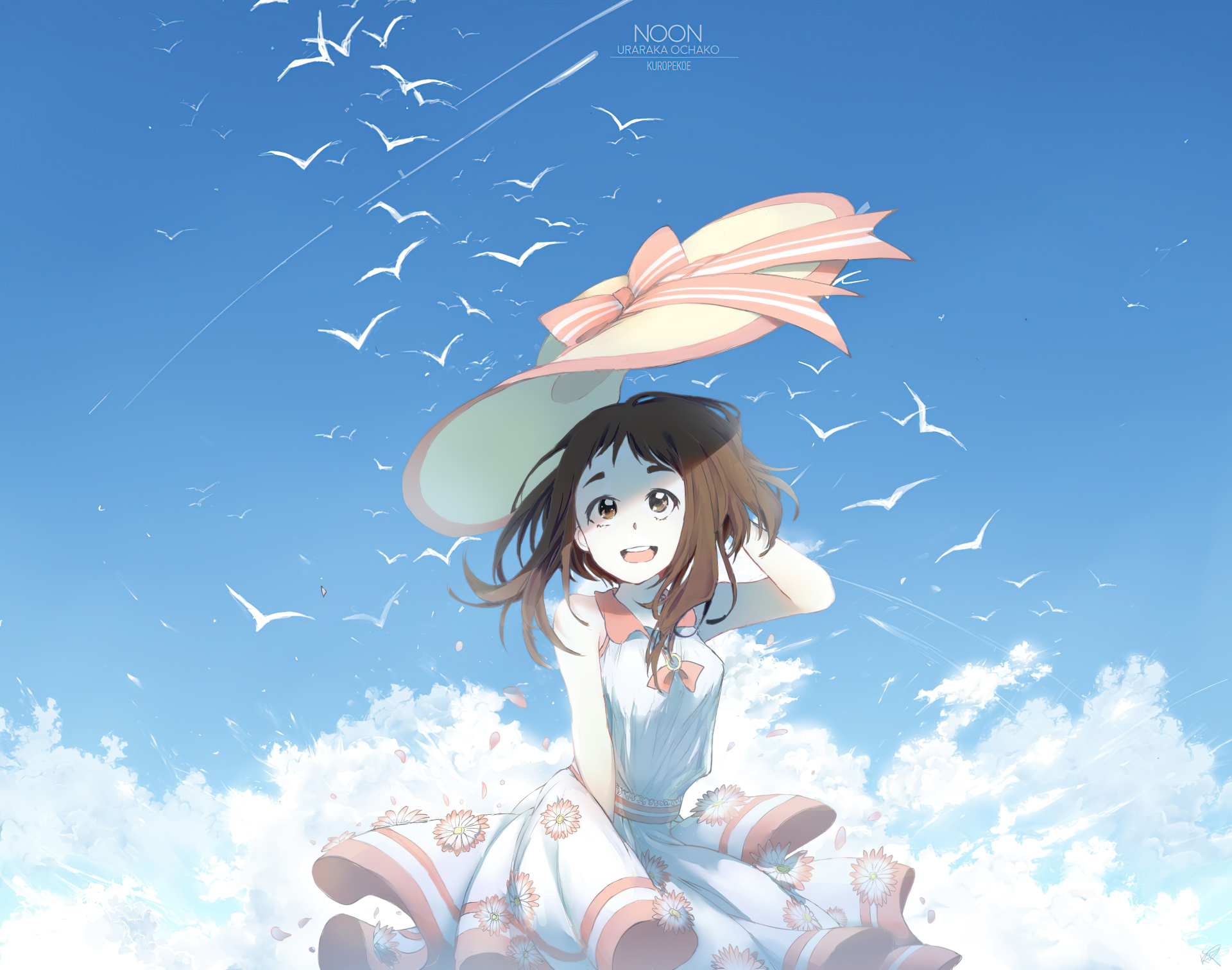 HD PC desktop wallpaper featuring Ochaco Uraraka from the anime My Hero Academia, smiling against a bright blue sky with white clouds and flying birds.