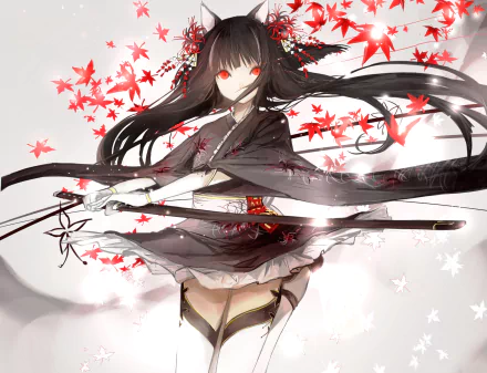 An enchanting anime-inspired wallpaper featuring a character in a black kimono adorned with flowers, wielding a sword, with long black hair and striking red eyes, surrounded by red maple leaves.