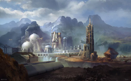 A futuristic space shuttle is depicted alongside a sci-fi building in a dramatic landscape of mountains and clouds, creating an imaginative and vibrant setting for a HD desktop wallpaper.