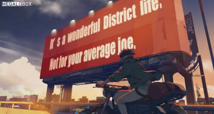 HD desktop wallpaper featuring Joe from the anime Megalo Box, sitting on a motorcycle in front of a billboard with the text, It's a wonderful District life. Not for your average Joe.