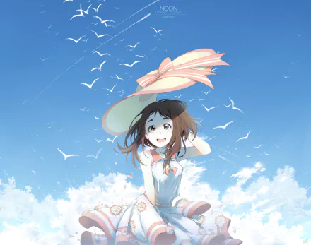 HD PC desktop wallpaper featuring Ochaco Uraraka from the anime My Hero Academia, smiling against a bright blue sky with white clouds and flying birds.