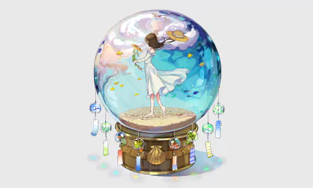 Anime-style 4K Ultra HD wallpaper of a brown-haired girl in a sunflower hat inside a shell-adorned snow globe with fish swimming around.