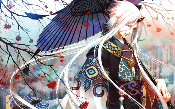 A striking HD Anime wallpaper featuring a smiling character with red eyes, white long hair, pointed ears, and horns, dressed in a kimono, holding a parasol amidst a backdrop of tree branches and falling leaves.