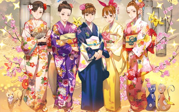 Anime Original Kimono Brown Hair Flower Headdress Cat Brown Eyes Cherry Blossom Fan Bird HD Wallpaper | Background Image
