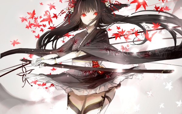 Anime Original Kimono Black Hair Long Hair Sword Flower Headdress HD Wallpaper | Background Image