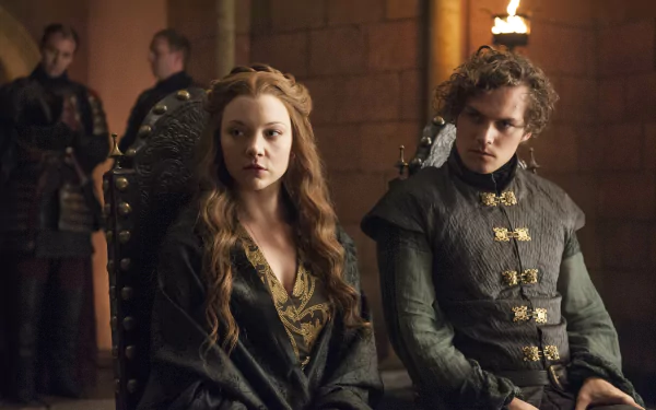TV show Game of Thrones 4K wallpaper: Loras and Margaery Tyrell seated in court attire on ornate chairs in a dimly lit hall.