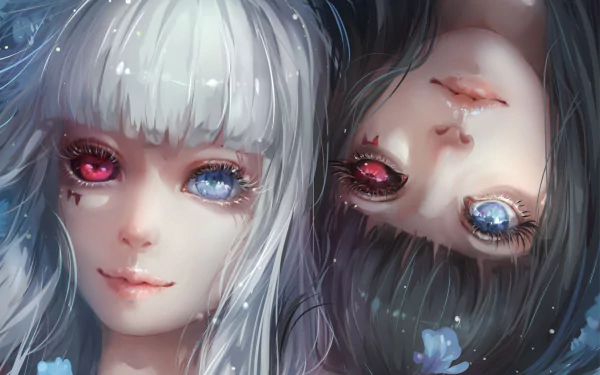 HD desktop wallpaper of Nashiro and Kurona Yasuhisa from Tokyo Ghoul, featuring their heterochromia with blue and red eyes. The anime artwork showcases their contrasting white and black hair.