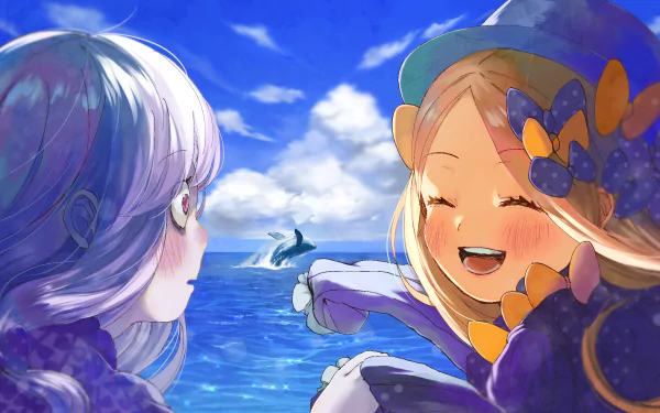 HD PC desktop wallpaper of Lavinia Whateley and Abigail Williams from Fate/Grand Order, anime-style; Abigail laughs reaching toward the blue sea as Lavinia watches beneath a bright sky.