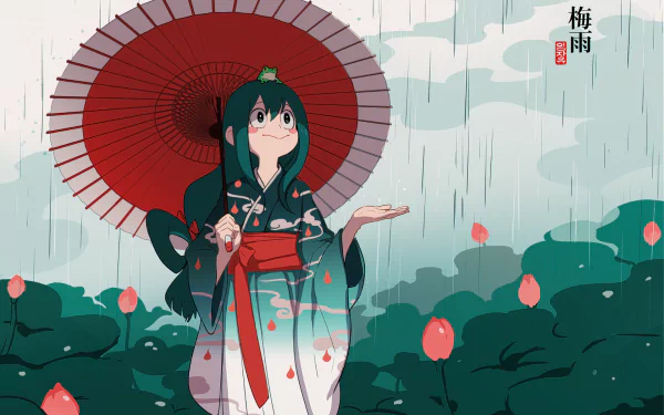 An HD desktop wallpaper featuring Tsuyu Asui from My Hero Academia, dressed in a kimono, holding a red umbrella, surrounded by a serene, rain-filled landscape with blooming flowers.