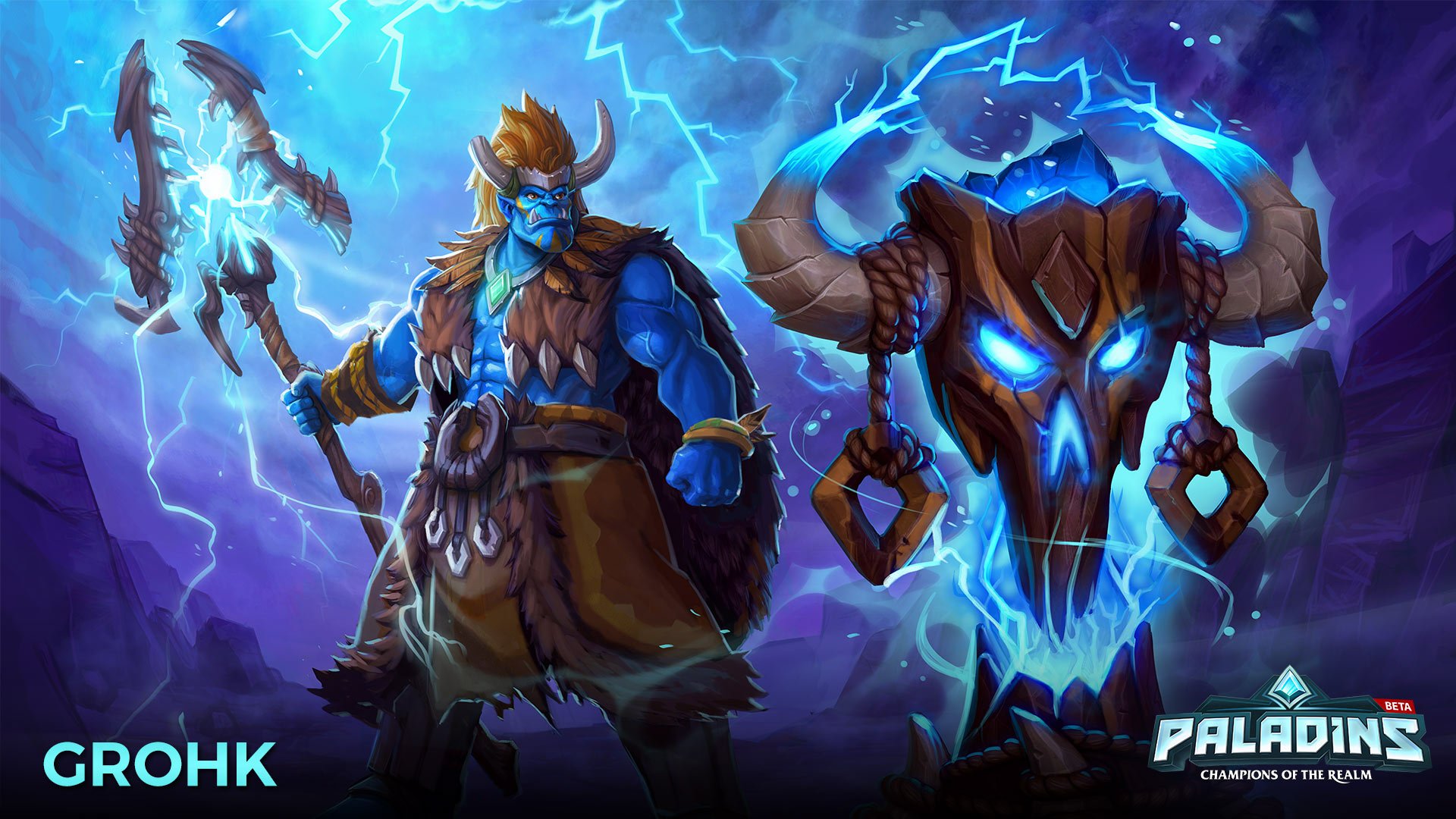 HD PC wallpaper: Grohk (Paladins) — blue lightning shaman with staff and a glowing horned totem, Paladins video game art.