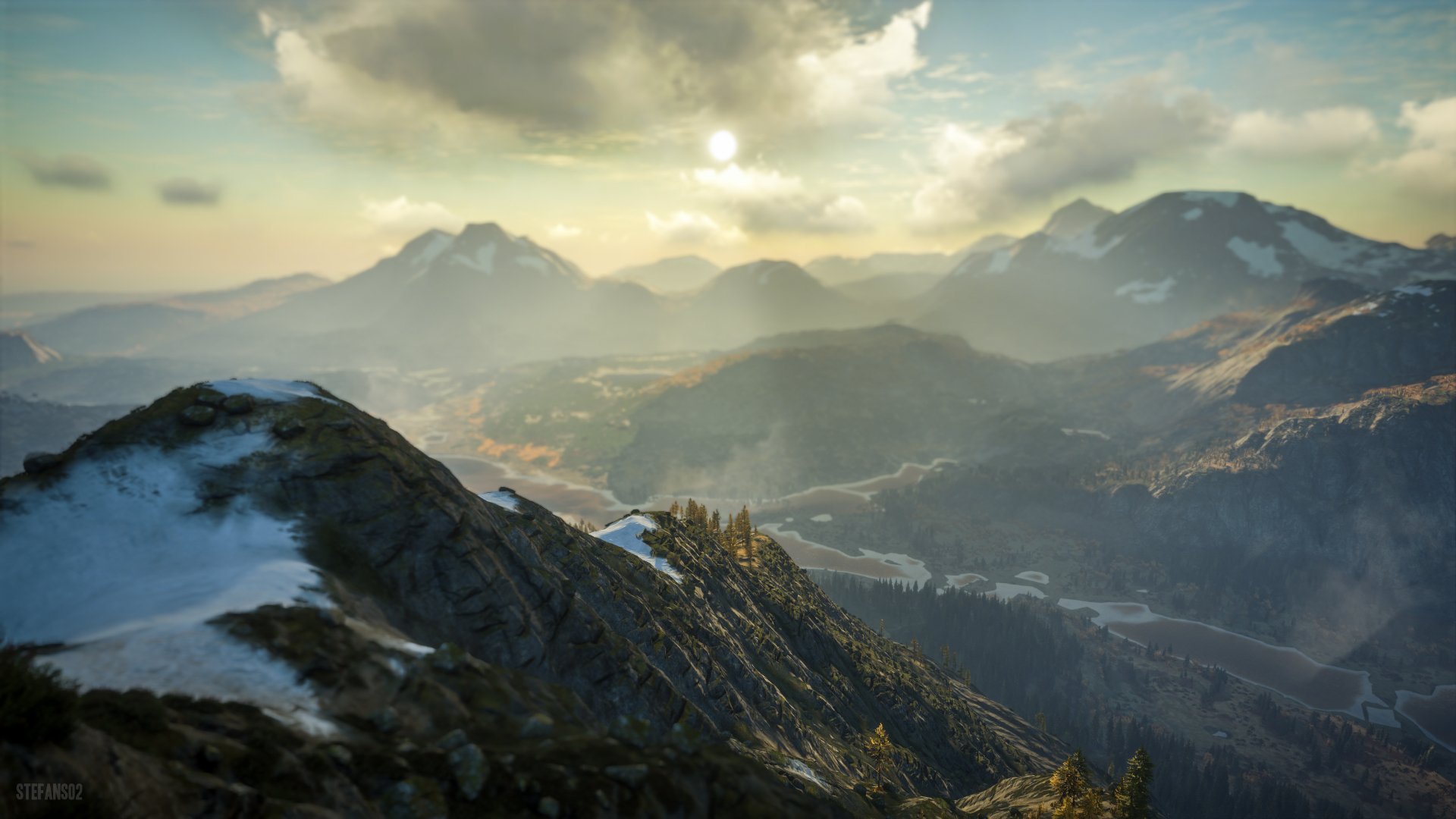 4K Ultra HD desktop wallpaper from theHunter: Call of The Wild featuring a misty mountain landscape bathed in soft sunlight and natural wilderness.