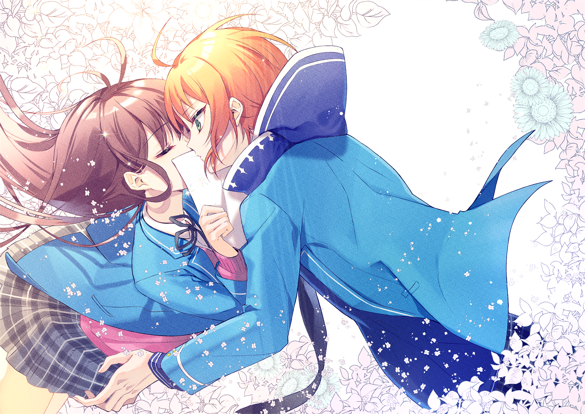 HD PC desktop wallpaper from the video game Ensemble Stars!: two students in blue uniforms embrace closely amid a soft white floral background.
