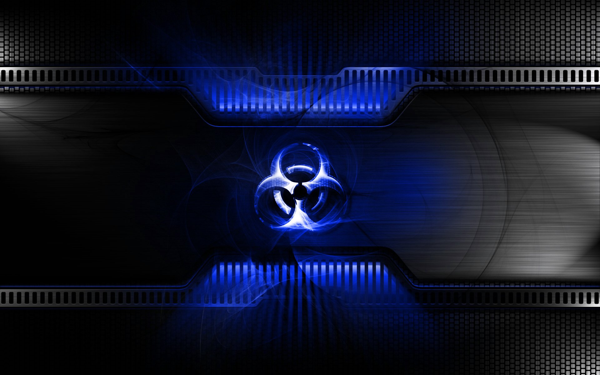 A striking HD desktop wallpaper featuring a glowing blue biohazard symbol against a dark, textured background, embodying a sci-fi aesthetic.