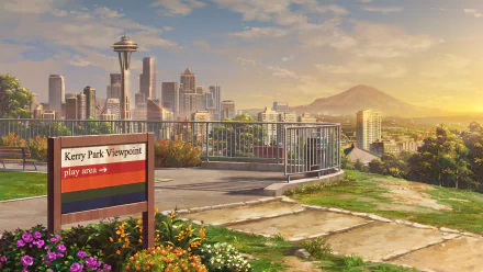 Anime-style HD cityscape at sunset from Kerry Park viewpoint, featuring vibrant flowers and a serene urban skyline, designed as a detailed desktop wallpaper.