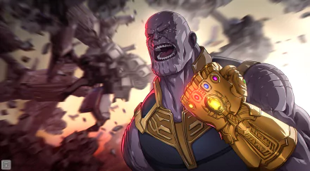 HD desktop wallpaper featuring a comic-style Thanos holding the Infinity Gauntlet, with a dramatic background of destruction.