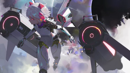 Cybernetic winged heroine from the video game Crusaders Quest hovers among clouds and stars with neon-lit robotic wings — 4K Ultra HD PC desktop wallpaper background.